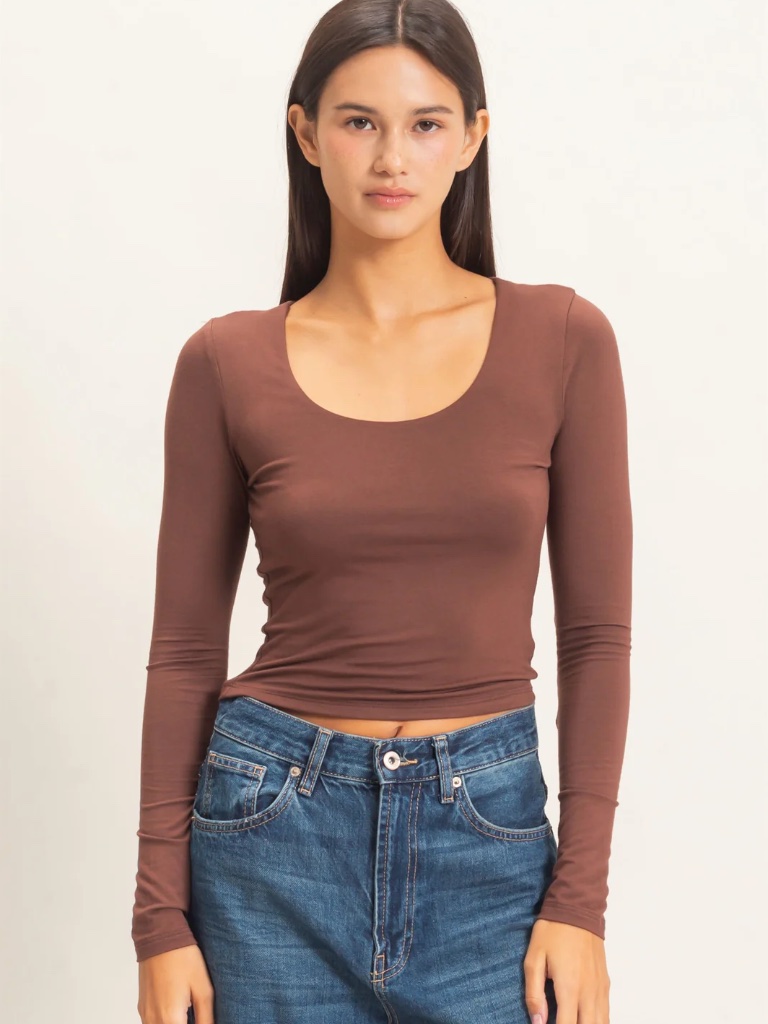 New Double Zero Chocolate Brown Scoop Neck Long Sleeve Tee Large